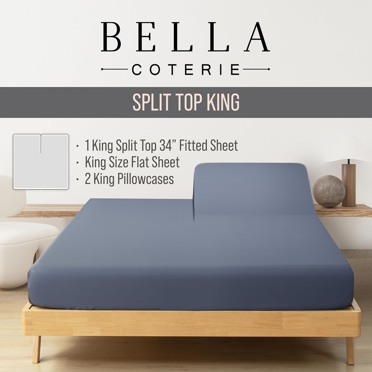 Bella Coterie Luxury Bamboo Viscose 34” Split Top King Size Sheet Set | 1 Fitted Sheet for Sleep Number & Adjustable Beds | 100% Organically Grown | Cooling & Soft | 18” Deep Pocket [Slate Blue]