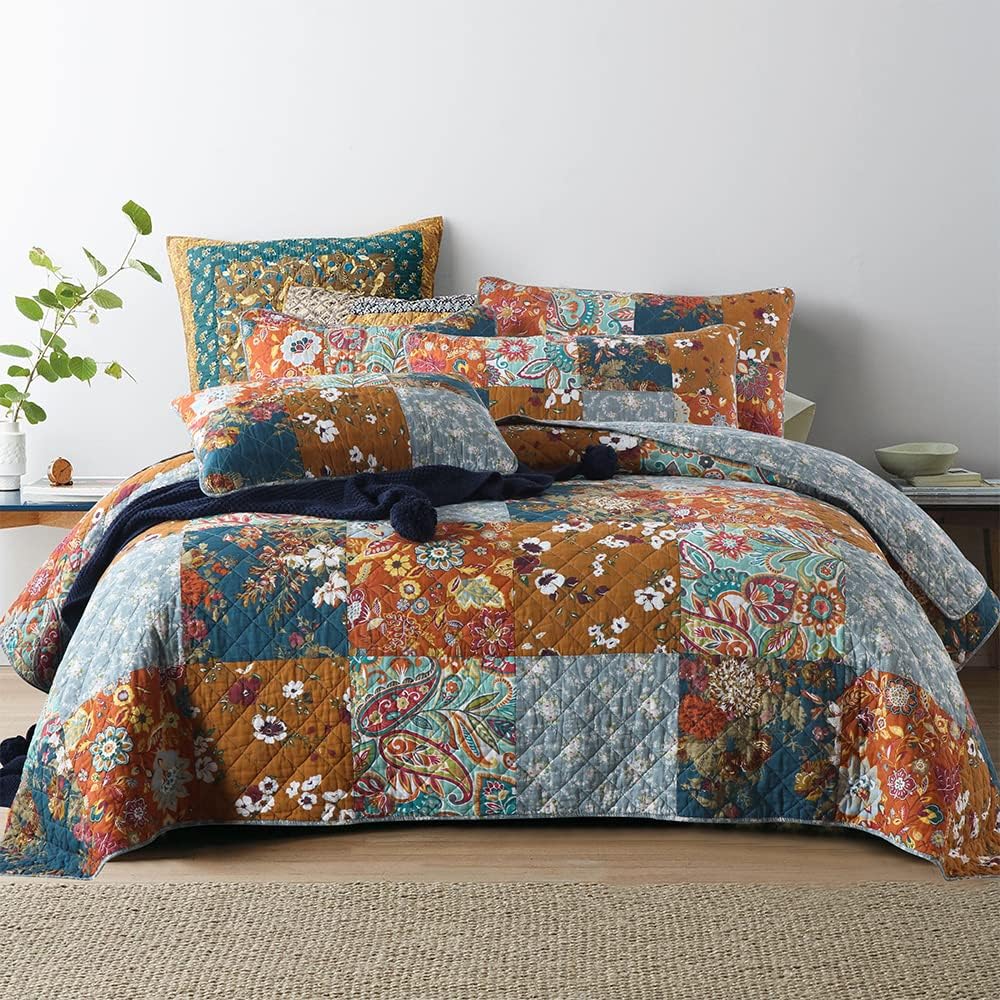 Cotton Bedspread Quilt Bedding Sets 3 Pieces Reversible Coverlet Sets Comforters Luxury Paisley Floral Patchwork Brown Bedspread, King Size