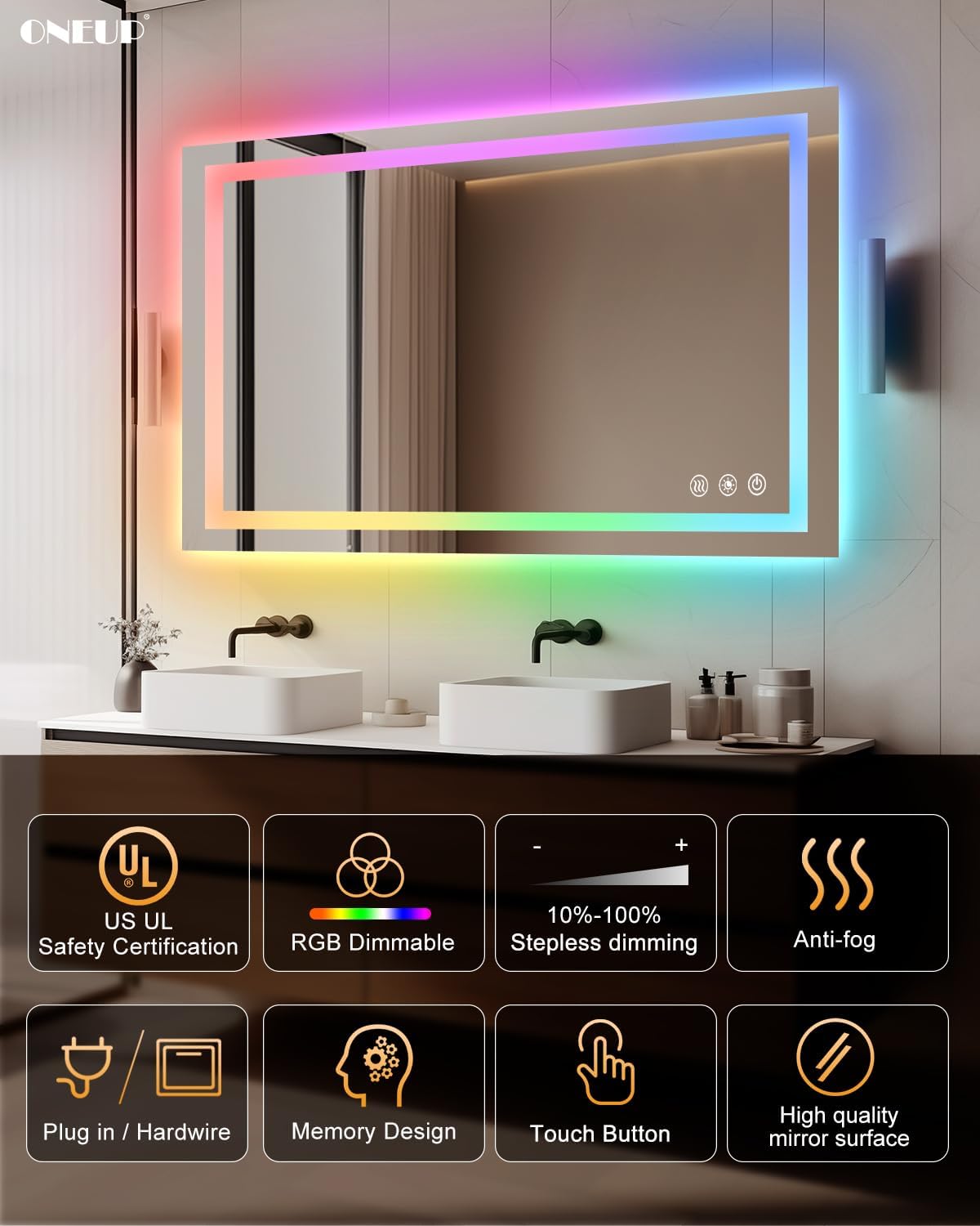 oneup 40x24 Inch LED Bathroom Mirror,RGB Color Changing Bathroom Mirror with Lights,Anti-Fog Wall-Mounted Vanity Mirrors,Smart Dimmable Multicolor Lighted,IP54 Waterproof (Horizontal/Vertical)