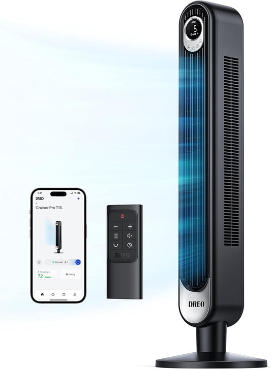 Dreo Smart Tower Fan WiFi Voice Control, Works with Alexa/Google, Cruiser Pro T1S Floor Standing Bladeless Oscillating Fan with Remote, 6 Speeds, 4 Modes, 12H Timer, for Indoor Bedroom Home Office