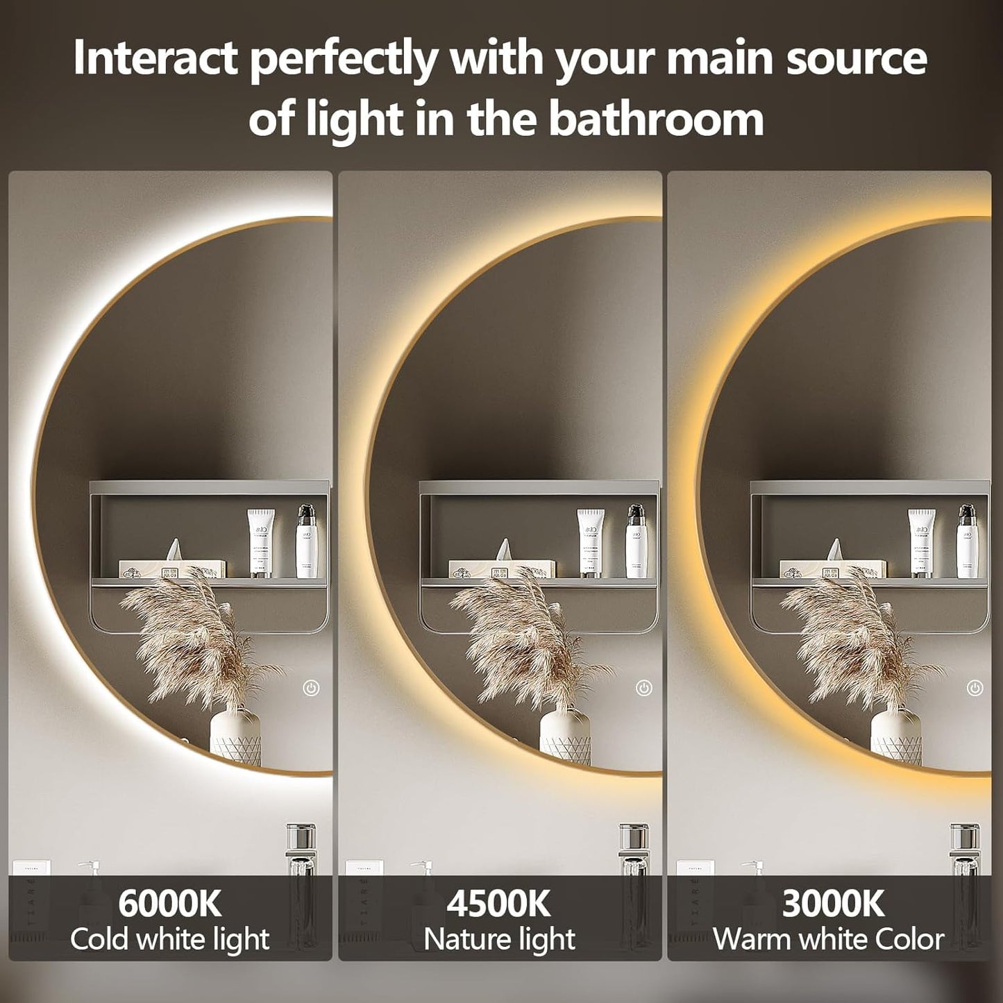 Niccy 24" LED Backlit Round Mirror for Bathroom, Gold Framed Vanity Light Wall Mirror LED Smart Circle Mirrors with 3 Lighting Colors, Dimmable Lighted Mirror with Anti-Fog, IP65 Waterproof
