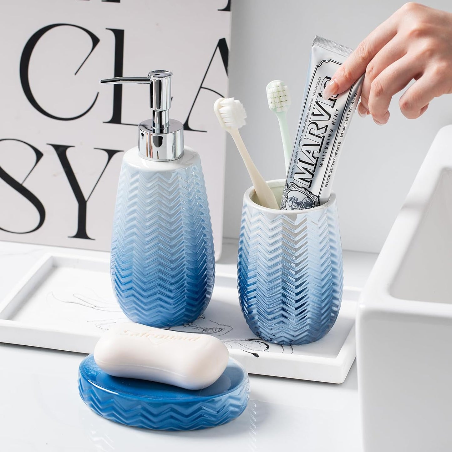 Blue Bathroom Accessories Set, 3 Pcs Ceramic Bathroom Decor Contain Toothbrush Holder,Soap Dispenser, and Soap Dish.