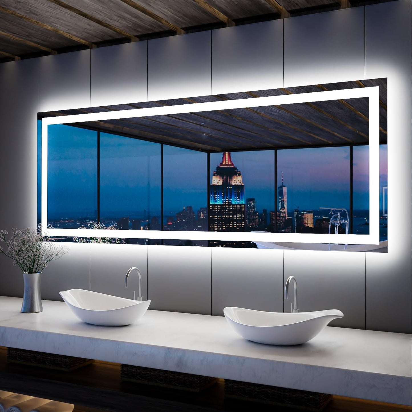 ISKM 84'' x 32'' LED Mirror for Bathroom Lighted Vanity Mirror for Wall Front Lights + Backlit LED Bathroom Mirror Anti-Fog Tempered Glass ETL Listed