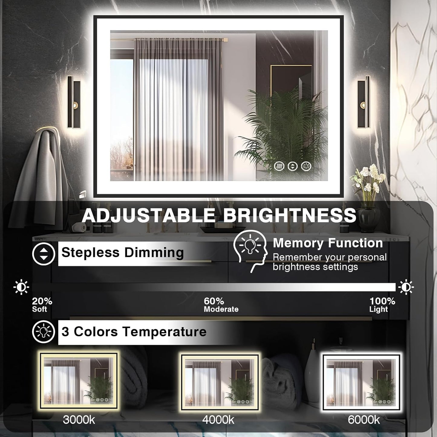 40x36 LED Bathroom Vanity Mirrors - Black Aluminum Edge (Front and Backlit), Anti-Fog Vanity Mirror with Lights,Stepless Dimmable Lighted Mirror,3 Colors Smart Mirror(Horizontal/Vertical)