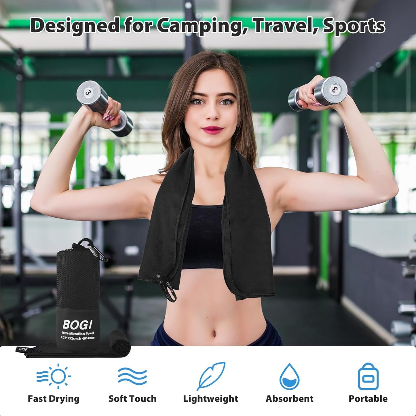 BOGI Microfiber Travel Sports Towel-Quick Dry Towel, Soft Lightweight Microfiber Camping Towel Absorbent Compact for Camping Gym Yoga Swimming Backpacking (L:60''x30''+16''x16''-Black)