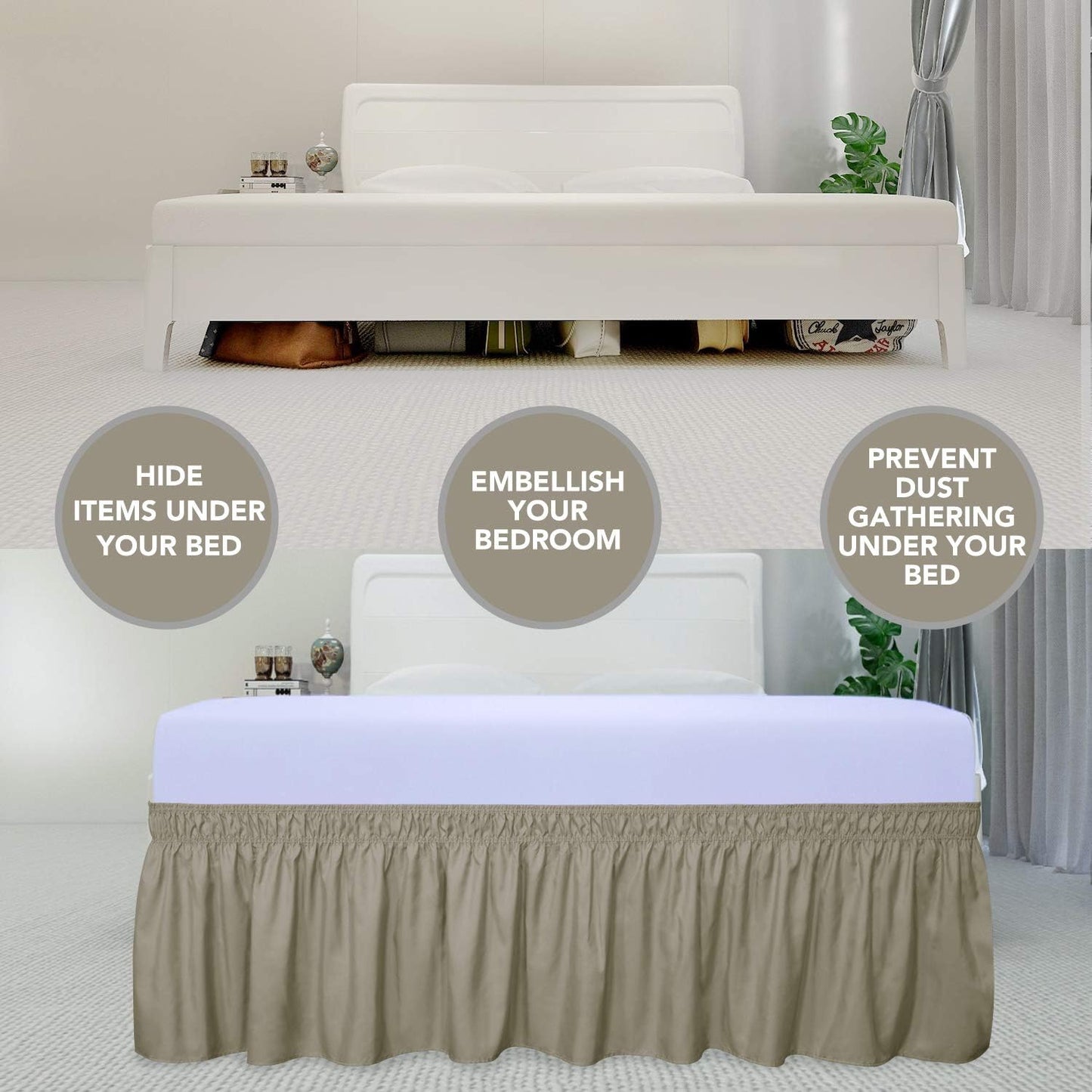 PureFit Wrap Around Ruffled Bed Skirt with Adjustable Elastic Belt - 18 Inch Drop Easy to Put On, Wrinkle Free Bedskirt Dust Ruffles, Bed Frame Cover for Twin,Twin XL and Full Size Beds, Sand