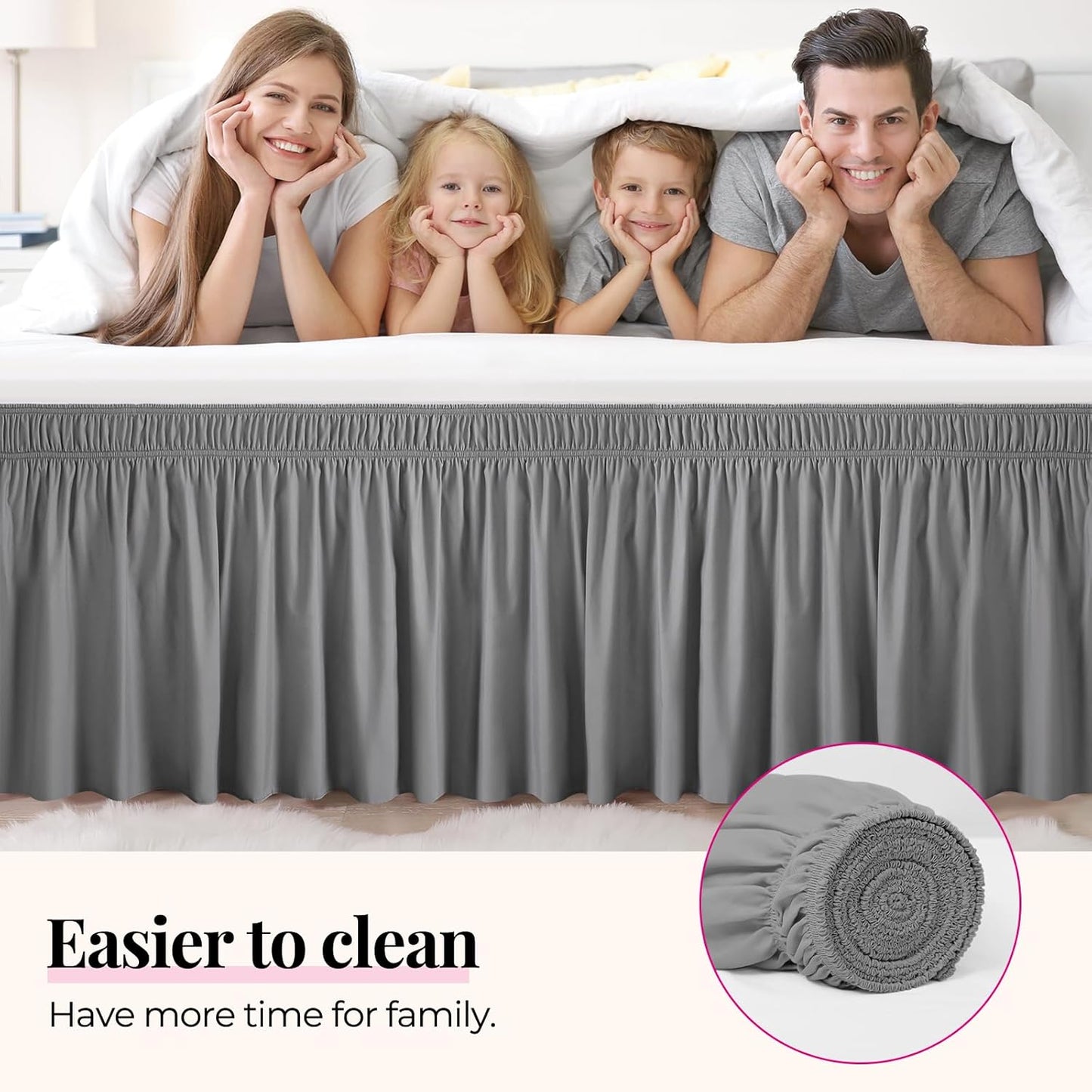 RIMELA Gray Queen Bed Skirt 12 Inch Drop,Elastic Bed Skirts Queen Size Dust Ruffle, Light Grey Bedskirt for Adjustable Bed Base Solid Fade Resistant Silky Fabric Machine Washable Easy to Install