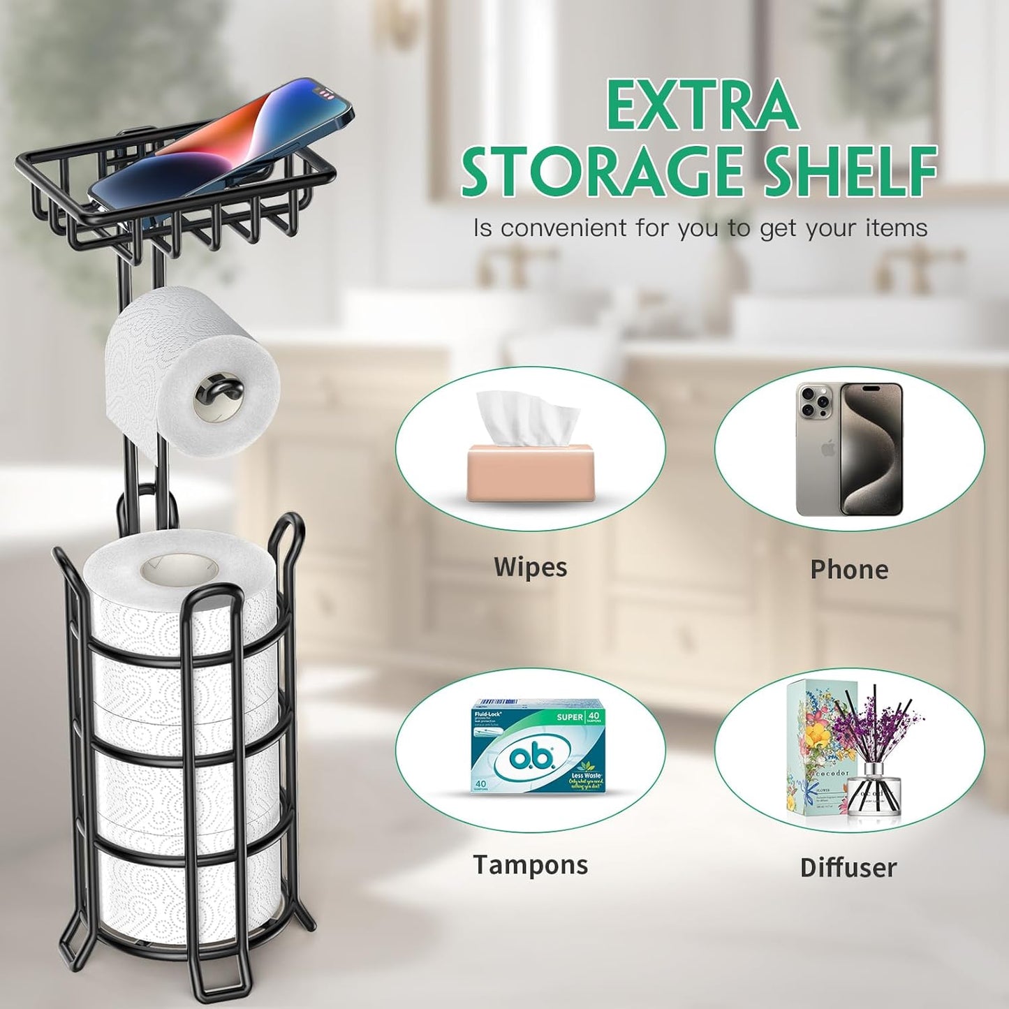 TomCare Toilet Paper Holder Stand with Shelf Free Standing Toilet Paper Roll Holder with Toilet Paper Dispenser Sturdy Metal Tissue Holder Storage Shelf for Bathroom Black
