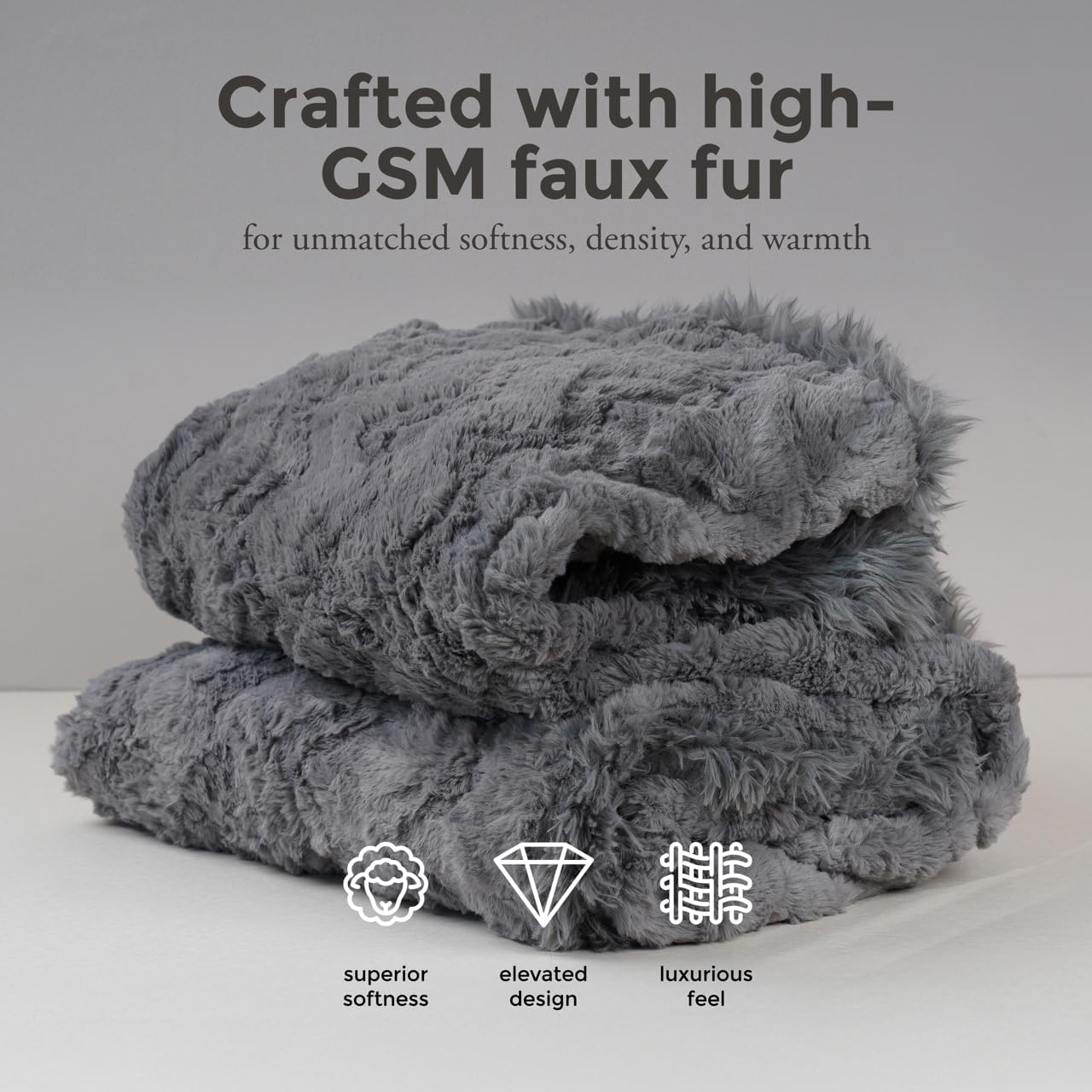 Mon Chateau 60" x 70" Crest Faux Fur Throw, Plush Luxury Blanket for Couch, Sofa, or Bed, Soft Reversible Throw Blanket for Sleeping, Home & Room Decor, Fog Stone