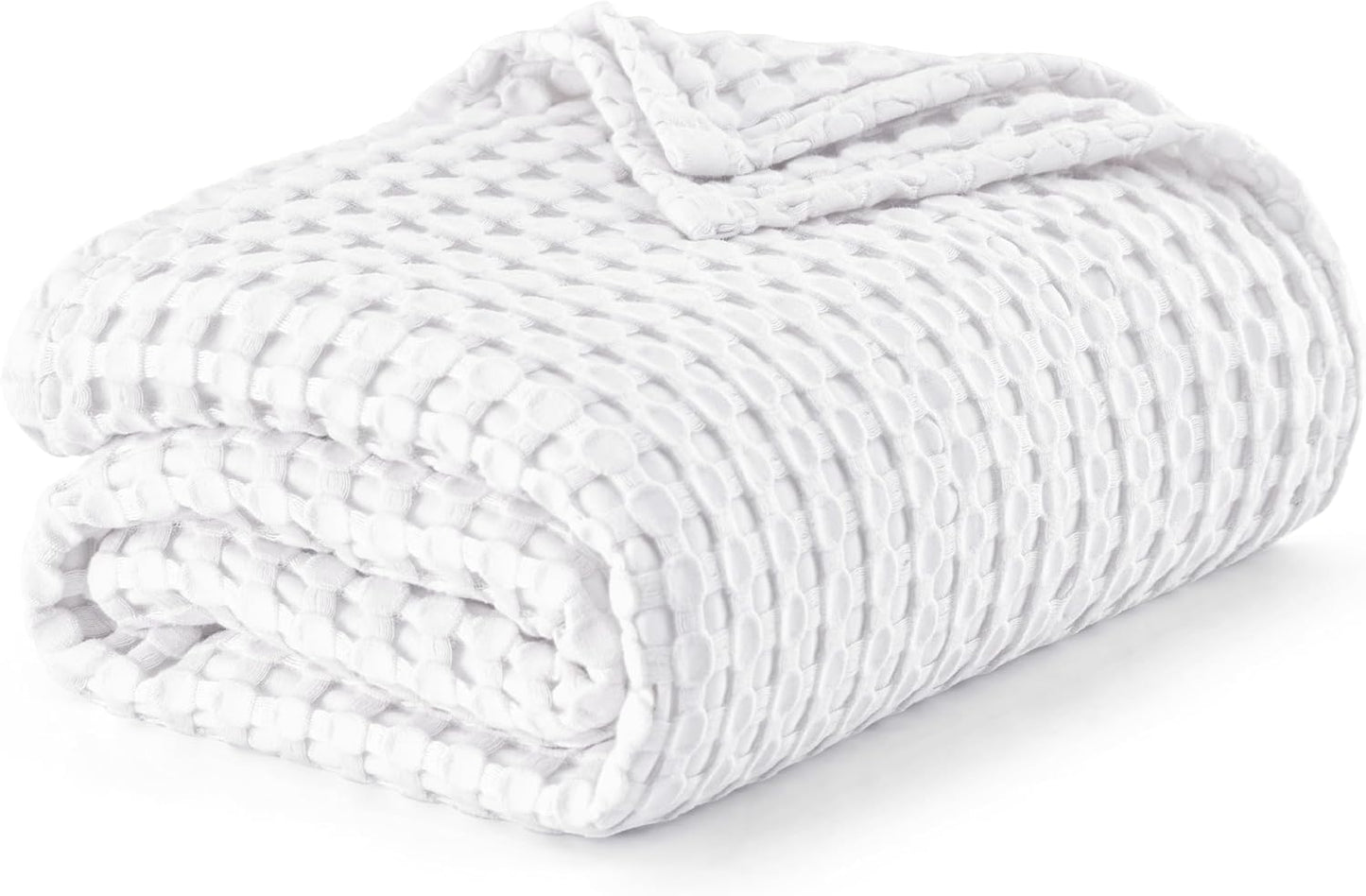 Bedsure Cooling Cotton Waffle Queen Size Blanket - Lightweight Breathable Blanket of Rayon Derived from Bamboo for Hot Sleepers, Luxury Throws for Bed, Couch and Sofa, White, 90x90 Inches