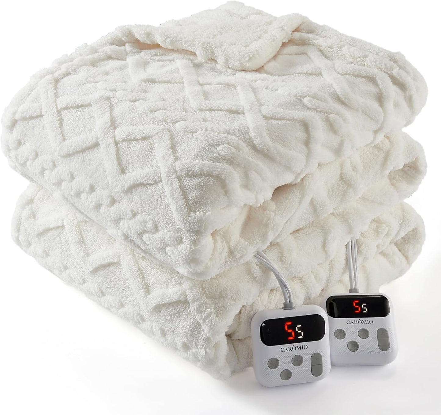 CAROMIO Electric Blanket Queen Size Dual Control - Thick Tufted Sherpa Heated Blanket Queen with 10 Heating Levels and 10 Time Settings, ETL Certified Fast Heating Blanket Queen Size 84"×90", White
