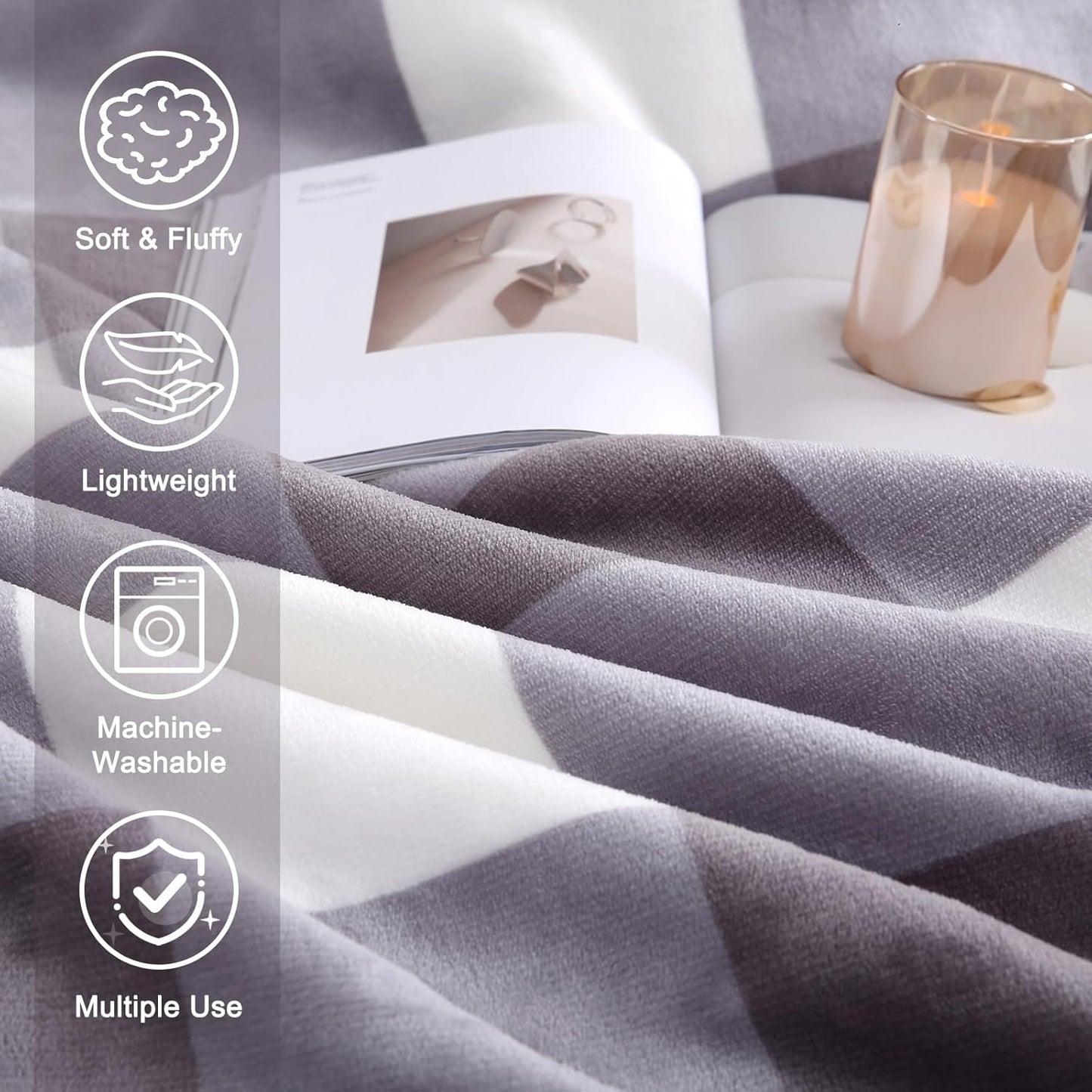 Sherpa Blanket Throw Blanket for Couch Bed Sherpa Fleece Blanket Fluffy Checkered Soft Blanket for All Season Use Cozy Thick Warm Big Throws Twin (Grey-Soft White, 60"*80")