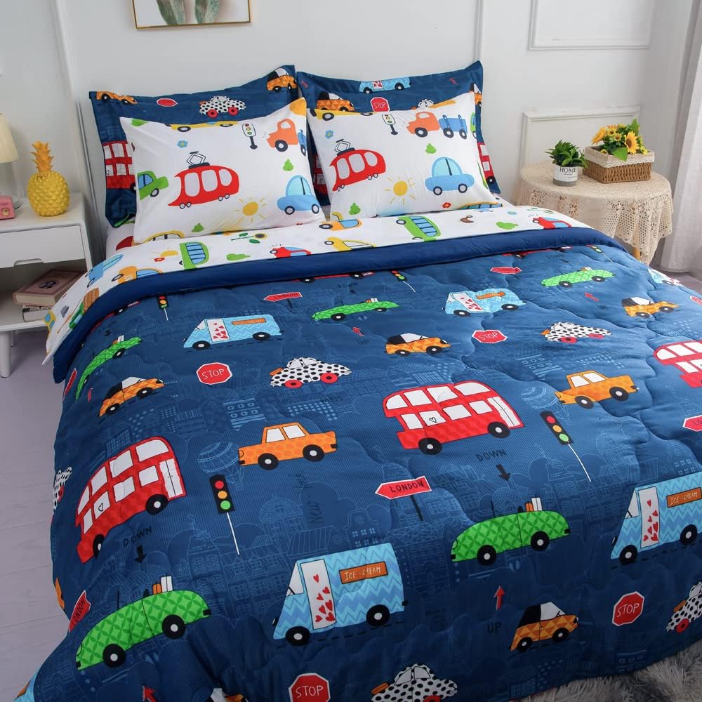 Wajade Cartoon Cars Comforter Set Bed in A Bag Queen Size Colorful Cars Bus Van Traffic Lights Bedding Set for Boys Kids (1 Comforter, 1 Flat Sheet, 1 Fitted Sheet, 2 Pillowcase and 2 Pillow Sham)