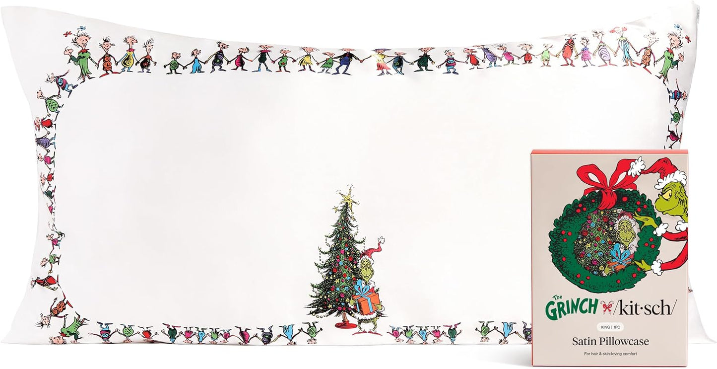 The Grinch x Kitsch Satin Pillowcase with Zipper for Hair & Skin - Softer Than Silk Pillow Cases, Smooth Cooling Pillow Cover, Wrinkle-Free, Machine Washable, King Size (19x36) - Who-Ville