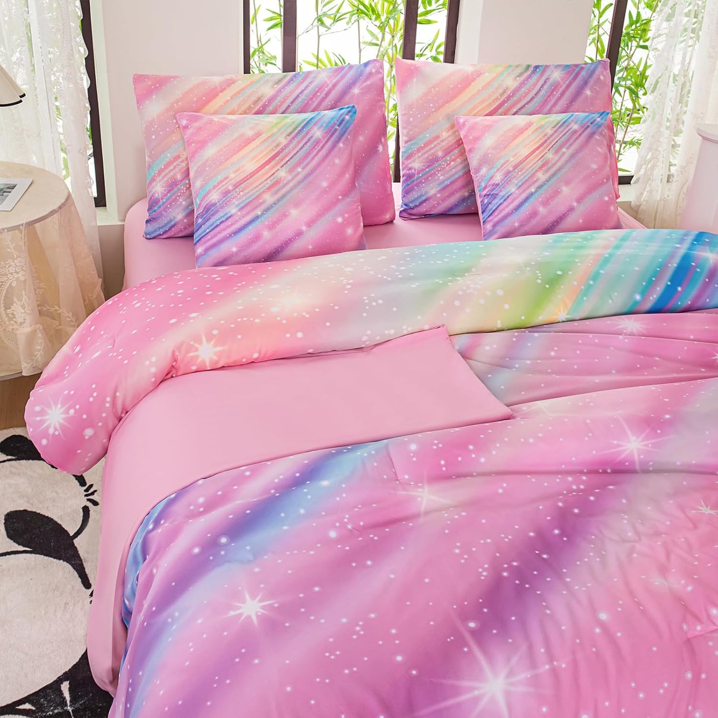Twin Comforter Set for Girls Galaxy Bedding 7pieces, Ombre Bedding Comforter Sets Rainbow Comforter, Twill Pink