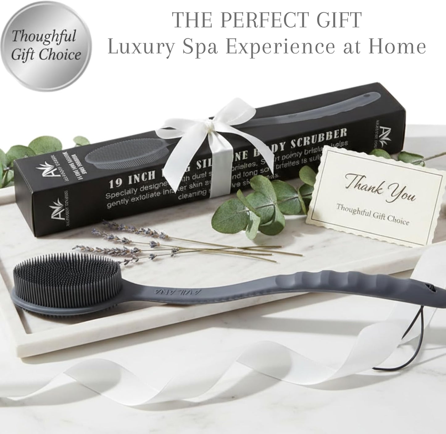 Silver Infused Long Handle Back Scrubber - 19 inch Premium Extended Reach Body Brush - Avilana Advanced Material Bath Tool Easy Grip - Luxury Body Wash Brush Gift