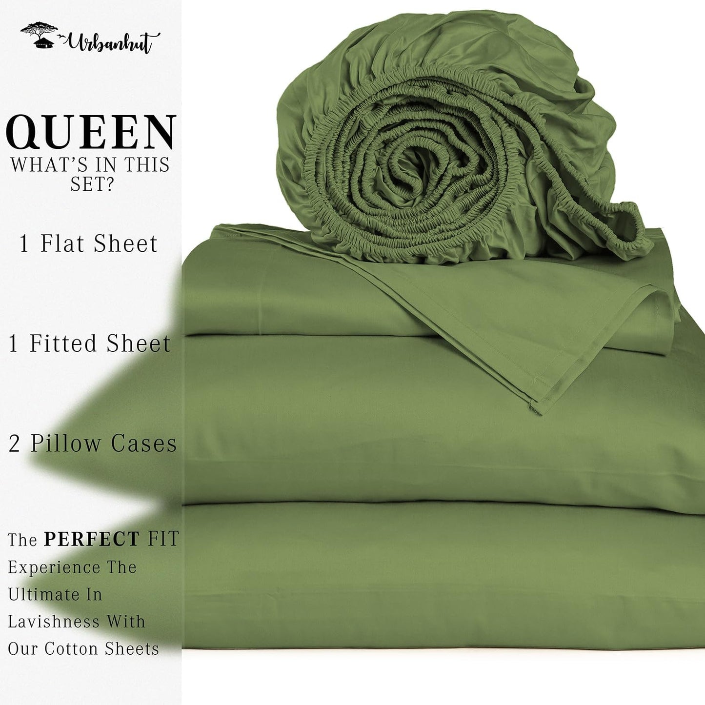 URBANHUT 700 Thread Count Egyptian Cotton Queen Sheets, 4Pc Bed Sheet Set Soft Luxury Bed Sheets for Queen Size Bedding, Sateen Weave Hotel Sheets, 16'' Elasticized Deep Pocket - Sage