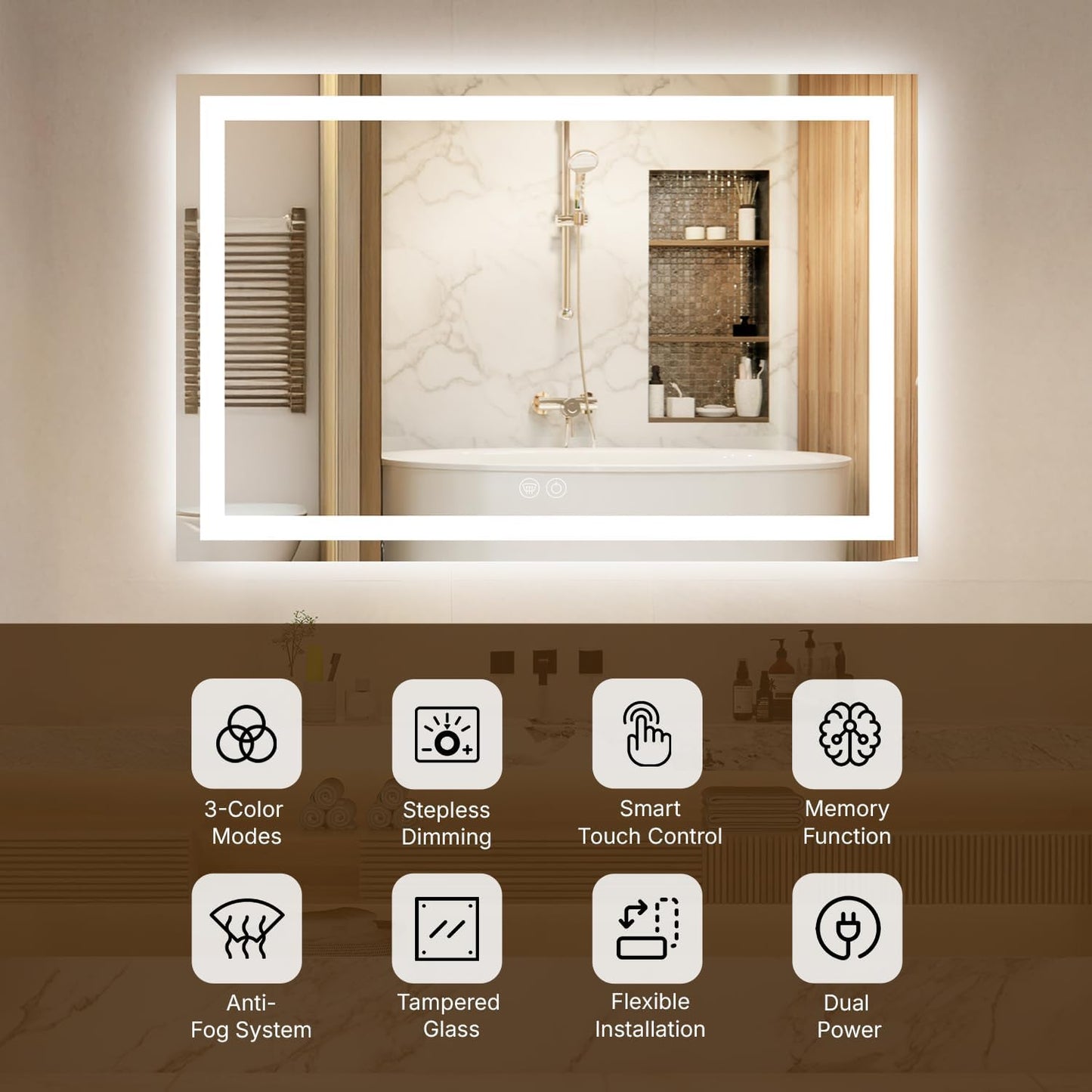 20 x 28 LED Bathroom Mirror with Lights, Lighted Bathroom Vanity Mirror for Wall, Espejos para Baños, Frontlit & Backlit, Anti-Fog, Shatterproof, 3 Adjustable Color Temperatures & Memory Function