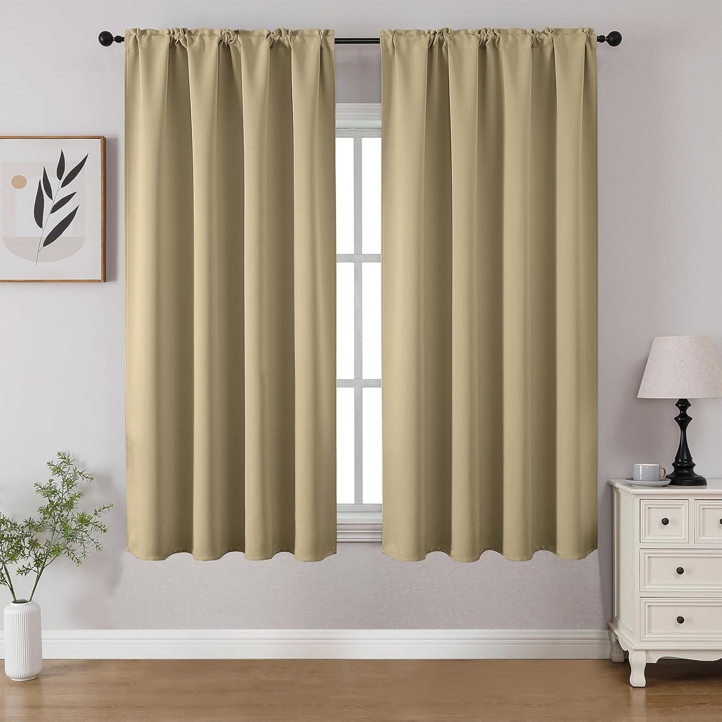 CUCRAF Beige Blackout Curtain 45 inch Length 2 Panels, Rod Pocket Room Darkening Drapes for Bedroom Living Room, Insulated Thermal Light Blocking Window Curtains (W52 x L45 Inch)
