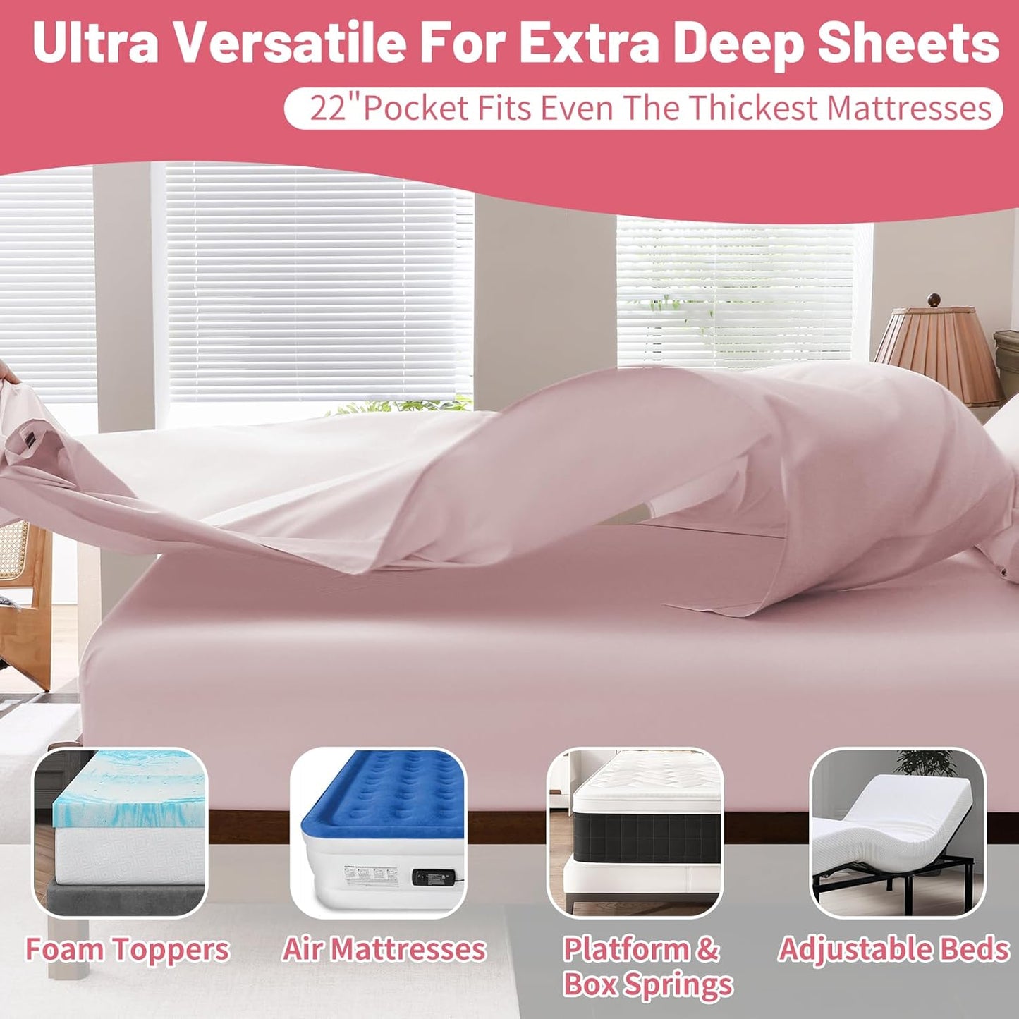 Extra Deep Pocket California King Sheets 18-24 Inch 1000 Thread Count 100% Egyptian Cotton Sateen Weave Soft Breathable 4 Pieces（California King,Light Pink）