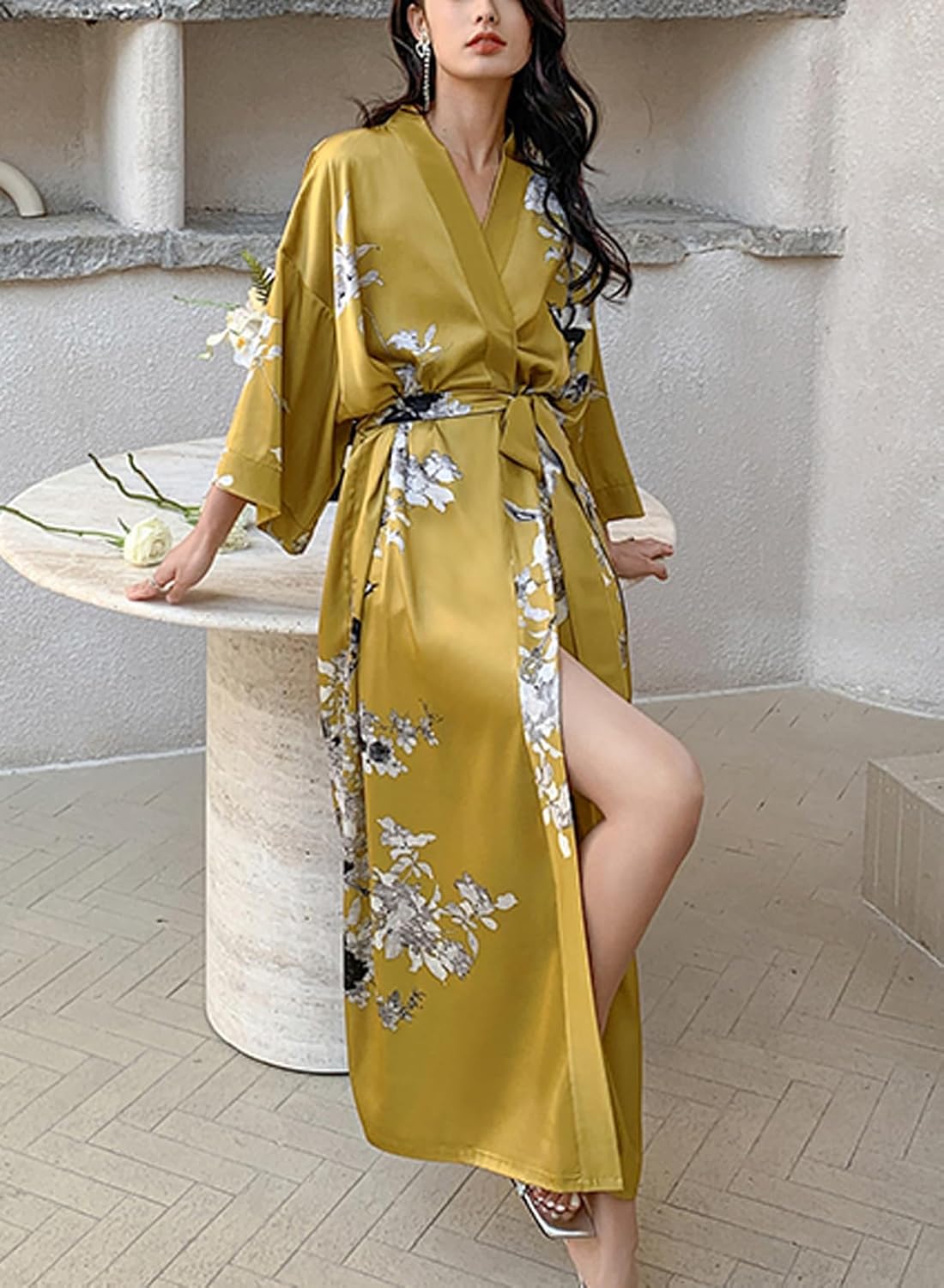 Silk Satin Robe for Women Long Japanese Kimono Robe Lightweight Soft Bathrobe Floral Luxury Dressing Gown