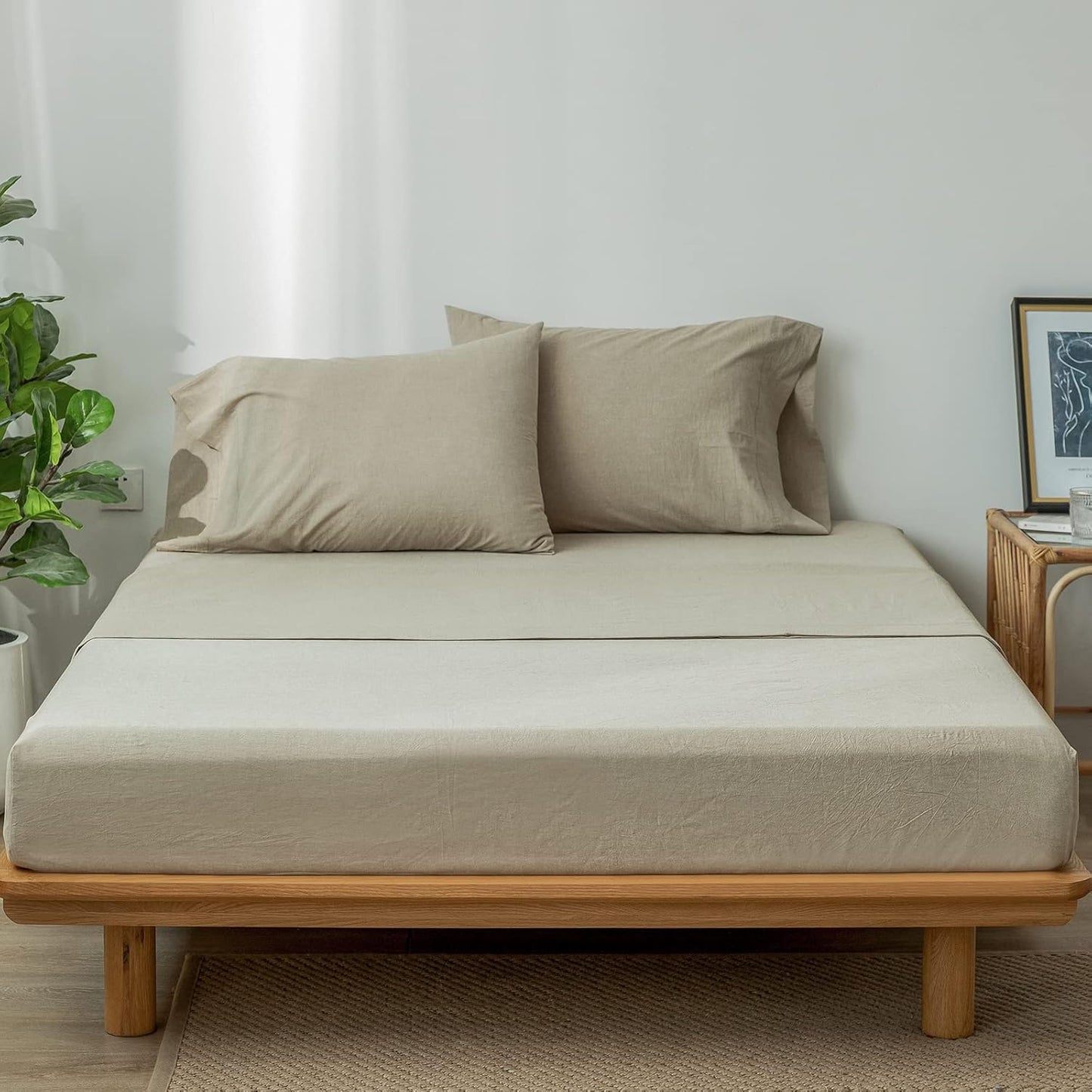 MooMee Bedding Sheet Set 100% Washed Cotton Linen Like Textured Breathable Durable Soft Comfy (Heathered Khaki, Queen)
