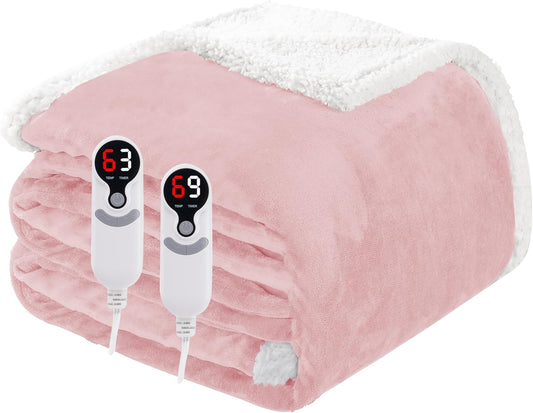 Electric Heated Blanket Queen Size 84"x90", Soft Flannel with Dual Controllers & Overheat Protection, 6 Adjustable Heat Settings & 10-Hour Auto-Off Timer, Fast Heating for Winter Comfort, Pink