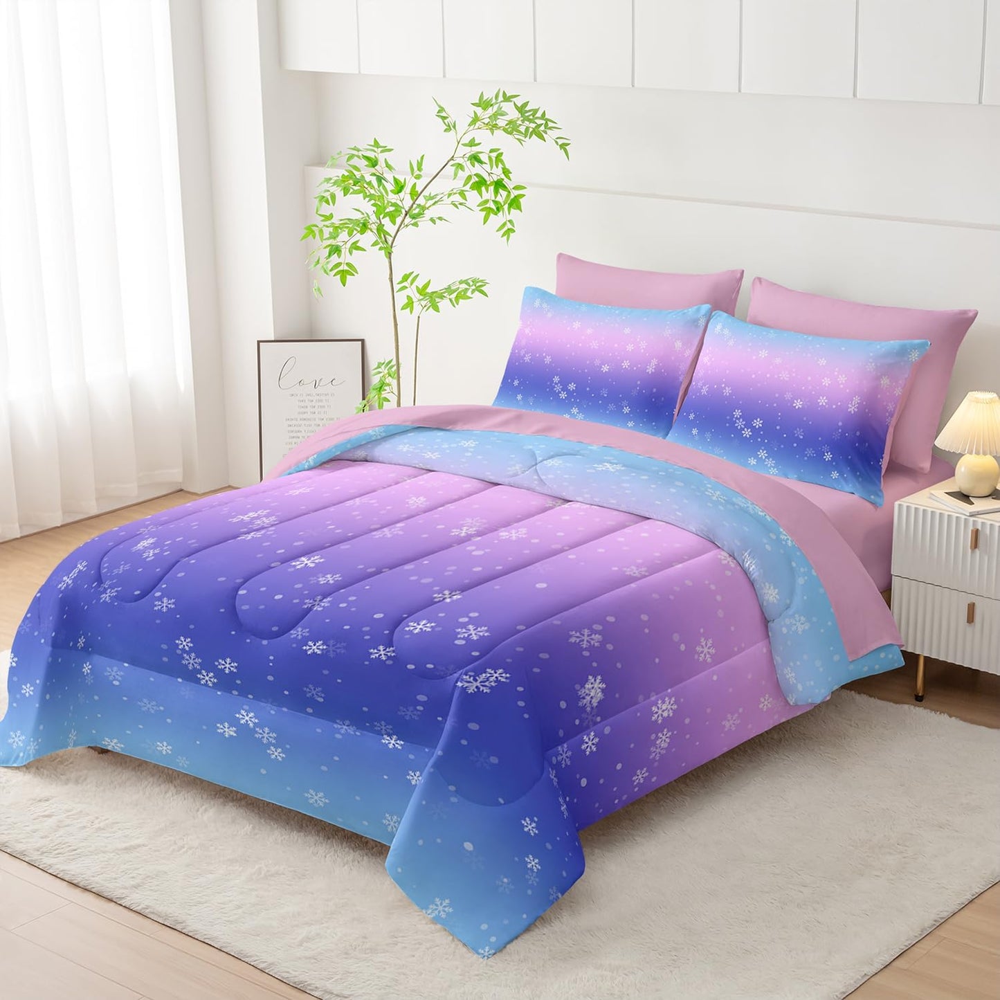 7 Piece Bed in a Bag Queen Size Comforter, Blue Purple Snowflake Quilt Set, Soft Pink Sheets, All Season Bedding Set, Microfiber