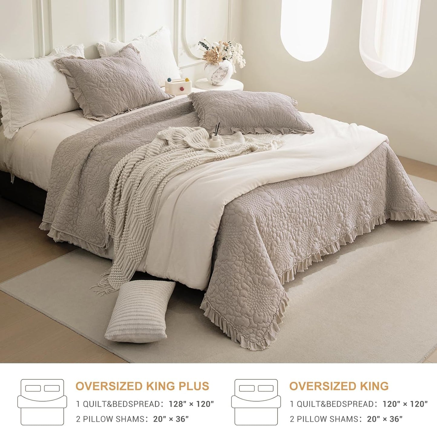 QSH 3PCs Stonewashed Cotton Oversized King Quilt Bedspread Set(128"x120"),Linen Feel Farmhouse Ruffled Bedspread California King,Shabby Soft Lightweight Crinkle Quilt Coverlet Bed Set for All Seasons