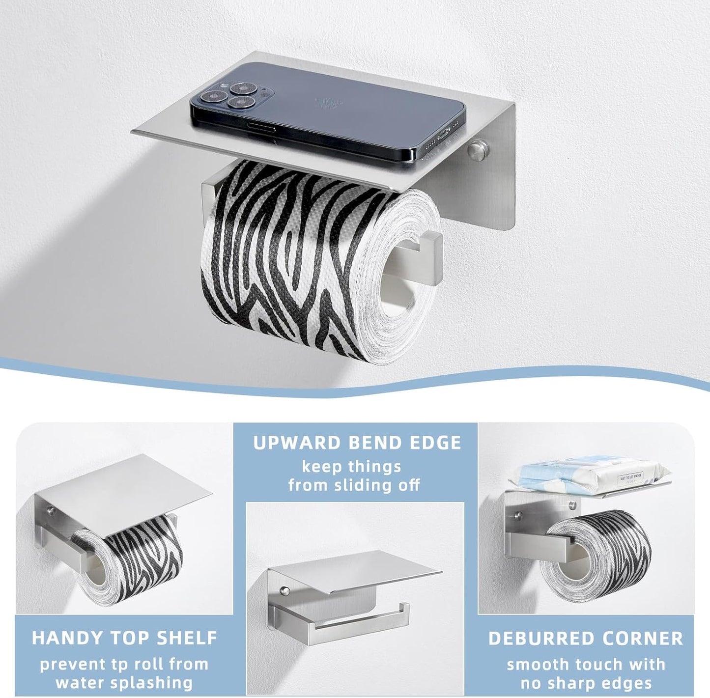 Angle Simple Toilet Paper Holder with Shelf, 304 Stainless Steel Toilet Tissue Roll Holder Brushed Nickel Wall Mount