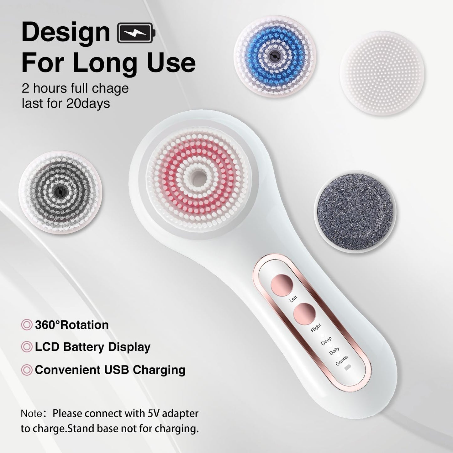 Face Scrubber Exfoliator, Rechargeable Facial Cleansing Brush with 2-Way Rotation & 3 Modes, 30-Day Runtime, 5 Brush Heads for SPA-Level Care, IPX7 Waterproof, Deep Cleaning for All Skin Types