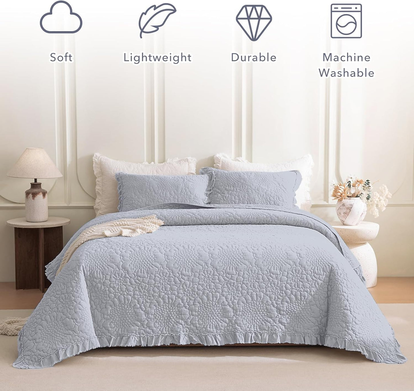 QSH 3PCs Cornflower Blue Ruffled Quilt Queen Size (90"x98"), Stonewashed Cotton Quilt Set, Soft Lightweight Crinkled Bedspread Coverlet Queen Shabby Farmhouse Chic Bedspreads Bed Set with Pillow Sham
