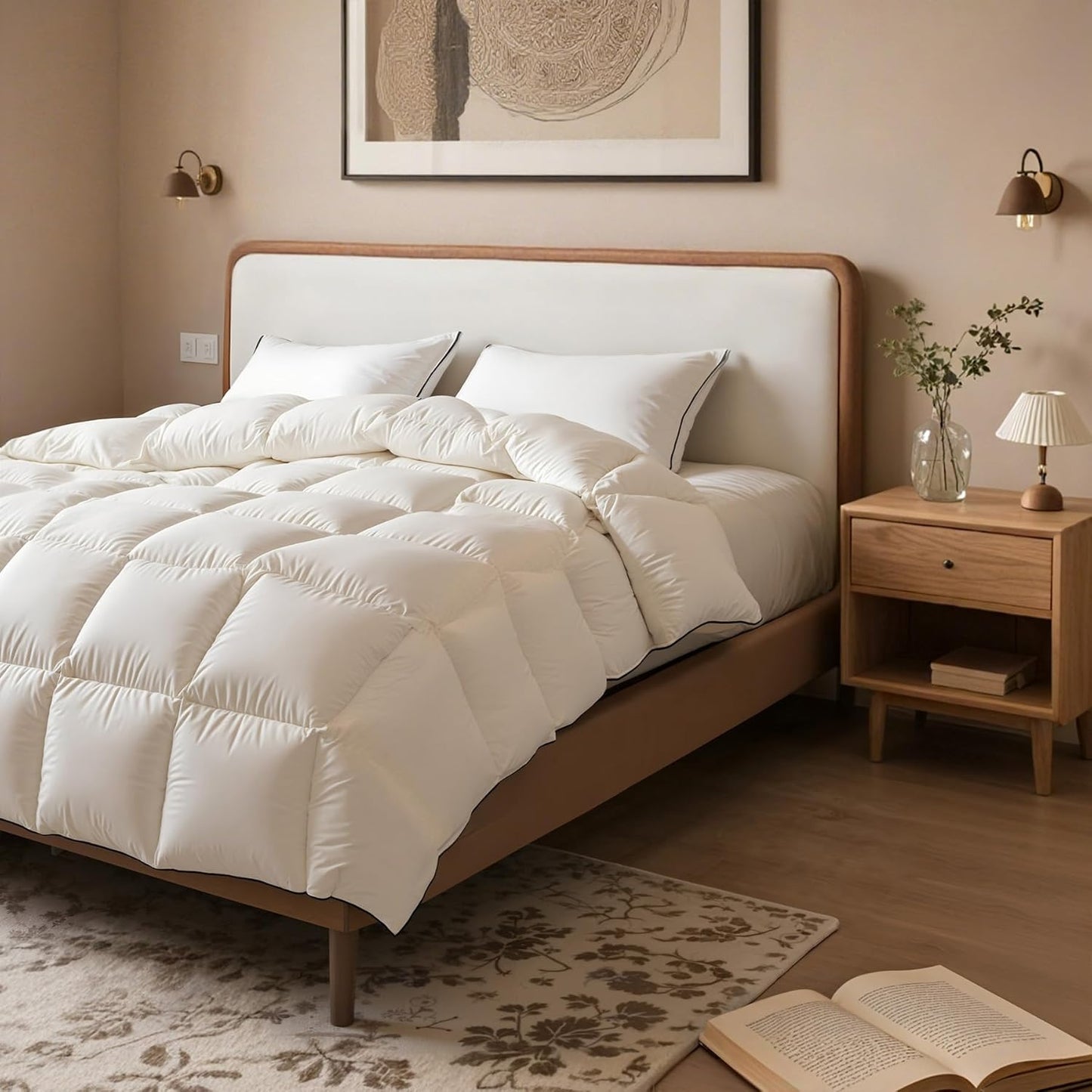 Fluffy Goose Feather Down Fiber Comforter California King, Luxury Cozy Hotel Quilted Duvet Insert, All Season Aesthetic Comfortable Bedding Duvet with Cotton Blend Shell 104x96Inch