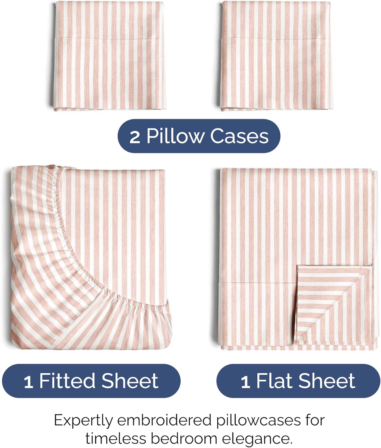 Full Size 4 Piece Sheet Set - Extra Soft, Breathable & Cooling - Hotel Luxury Durable Bed Sheets for Women & Men - Deep Pockets, Easy-Fit & Wrinkle-Free - Blush Stripes Oeko-Tex