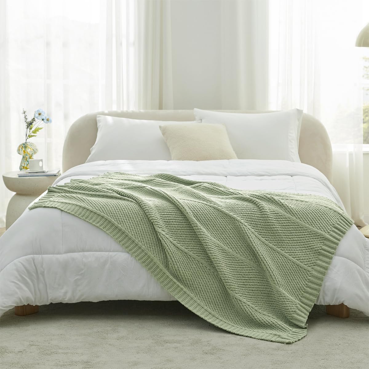 Amélie Home Chevron Chenille Knit Throw Blanket for Couch, Cozy Texture Decorative Soft Blanket for Sofa & Chair, 50"x60", Sage Green