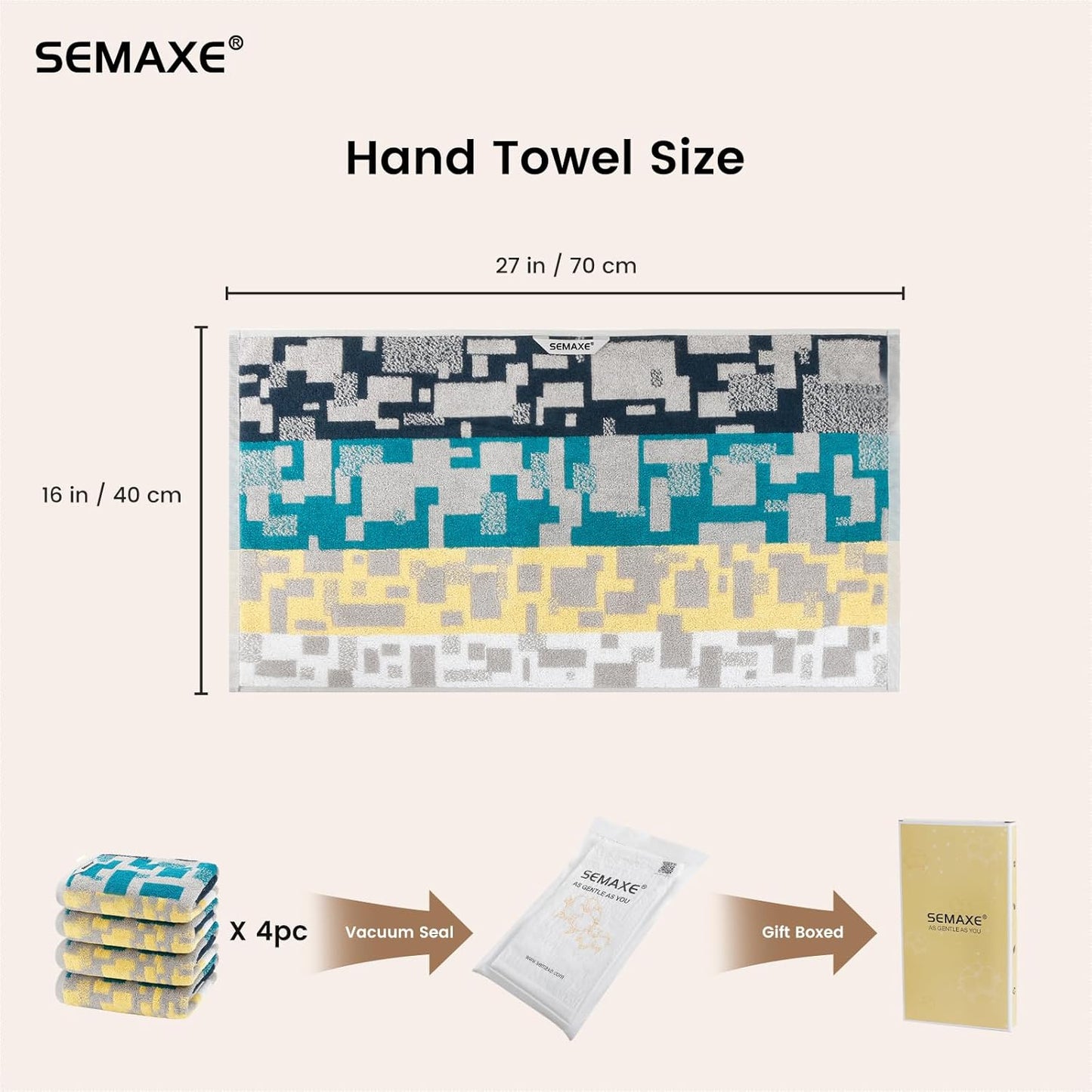 SEMAXE Hand Towels for Bathroom, 100% Cotton Towels with Hanging Loops, Soft and Absorbent, 4 Pack Hand Towel Set for Gym, Shower, Hotel and Spa, Decorative Checkered Towel