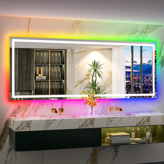 96x36 Inch RGB LED Bathroom Mirror Front Light and RGB Backlit Lighted Vanity Mirror for Bathroom Wall Mounted Dimmable Anti Fog Memory Shatter-Proof IP54 Waterproof Horizontal/Vertical