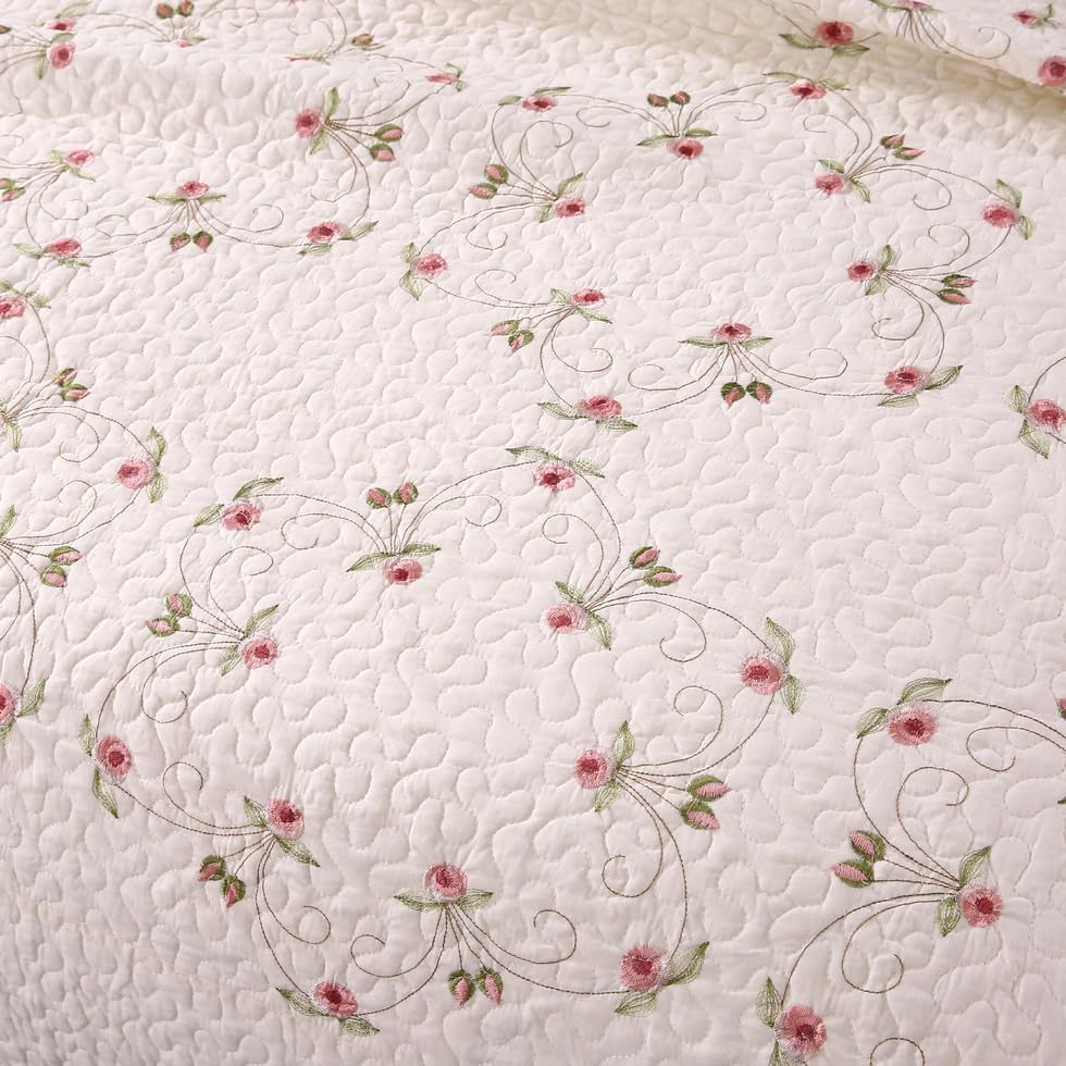 Quilt Set Floral Leaves 3D Embroidery Pattern 3 PCS Cotton Reversible Quilted Embroidered Decorative Bedspreads Coverlet Set, Lightweight &Soft Queen Size Beige Bedding Coverlet for All Season