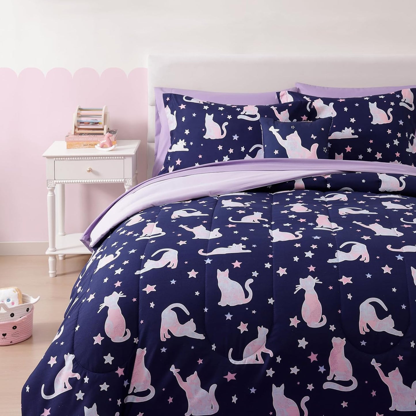 Full Size Comforter Set for Girls-7 Pieces Cute Cat Full Bedding Sets for Kids, Ultra Soft Bed in A Bag with Sheets