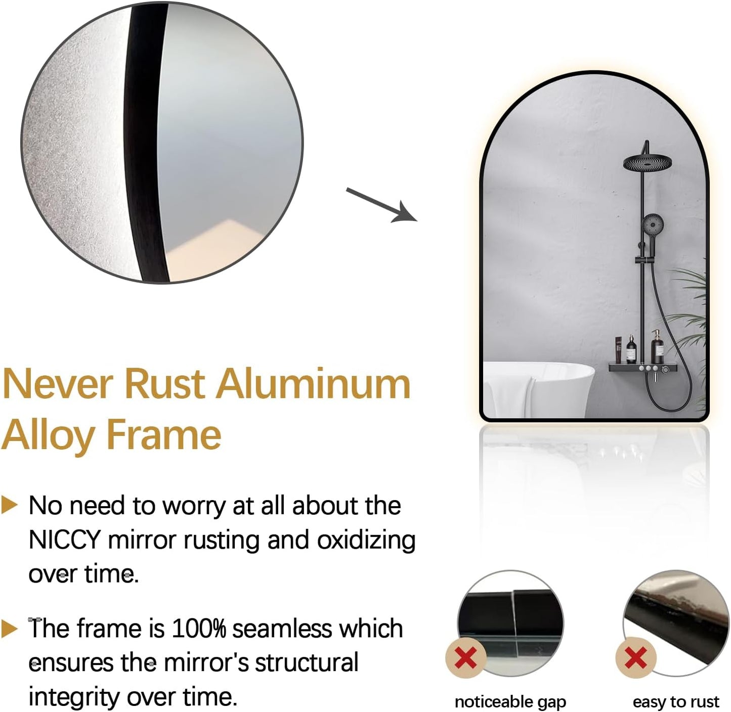 Niccy Arched LED Lighted Bathroom Mirror, 36x24 Inch Backlit Vanity Mirror with Lights Brushed Black Framed Wall Mounted Mirrors with Dimmable 3 Color Shatterproof Arch Smart Fog Free Mirror