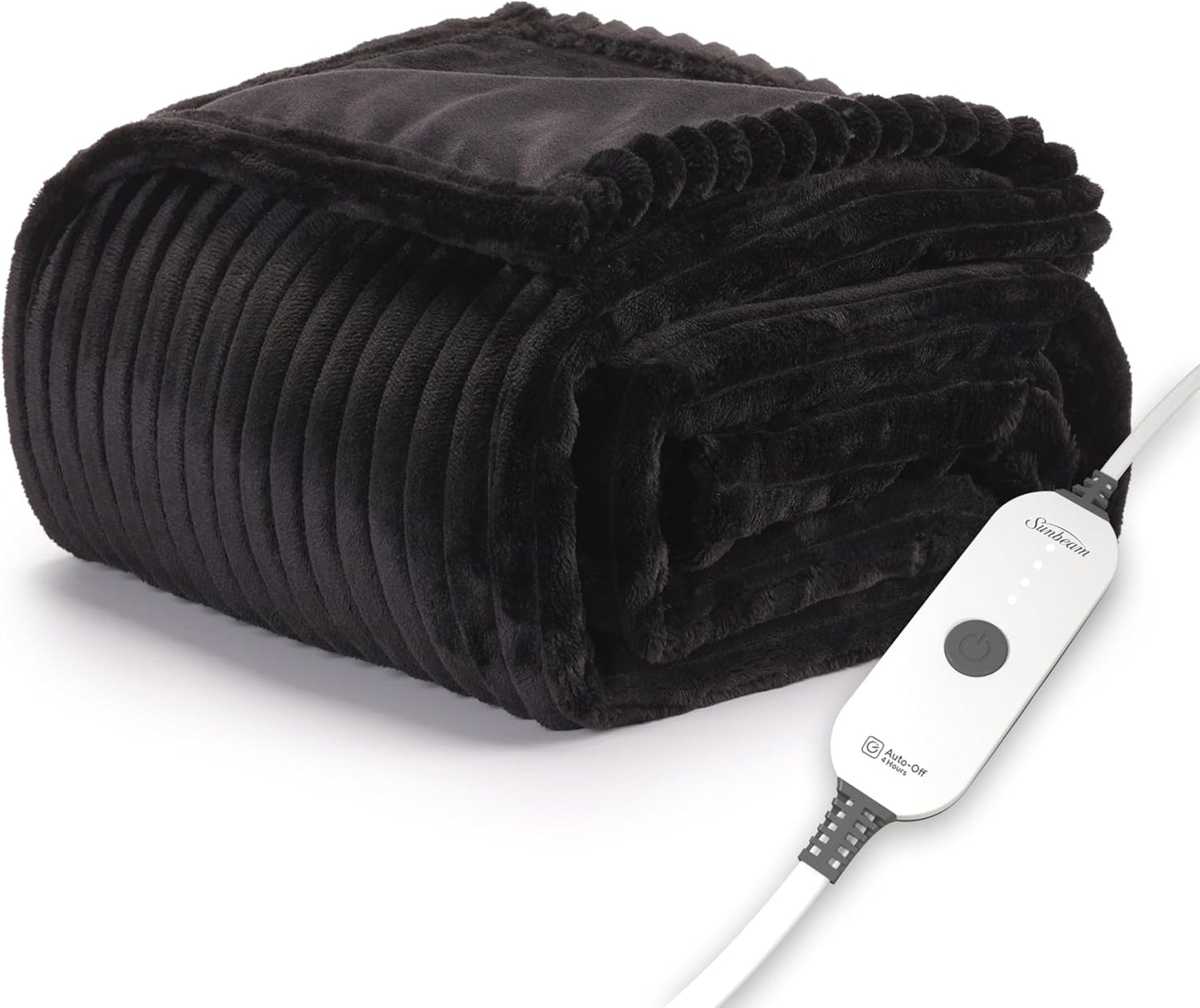 Sunbeam Electric Throw Royal Posh Velvet Heated Blanket,4 Heat Settings, 4-Hour Auto Shut-Off, Fast Heating, Lush, Silky, and Ultra Comfy, Ribbed Ebony Color, 50" x 60"