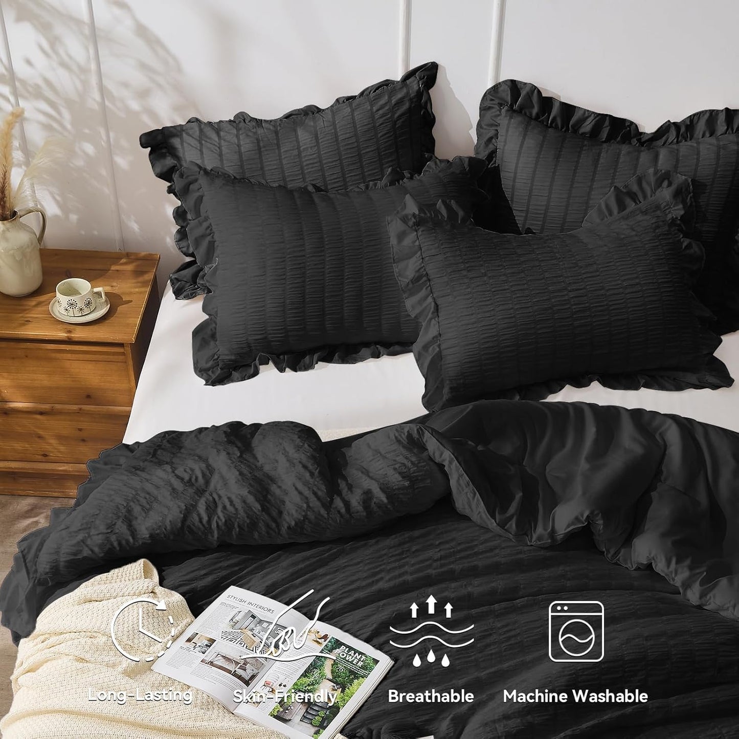 JOLLYVOGUE Black Twin Size Comforter Set, 2 Pieces Seersucker Lightweight Fluffy Bedding Set, Twin Ruffle Comforter, All Season Soft Microfiber Shabby Chic Bed Set for Girls