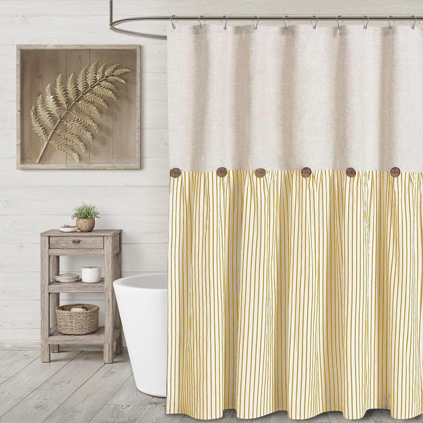 Farmhouse Shower Curtain Linen Button Woven Fabric Country Rustic Western, Pleated Yellow Stripe 72" W x 72" L