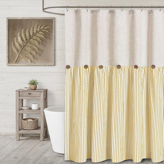 Farmhouse Shower Curtain Linen Button Woven Fabric Country Rustic Western, Pleated Yellow Stripe 72" W x 72" L