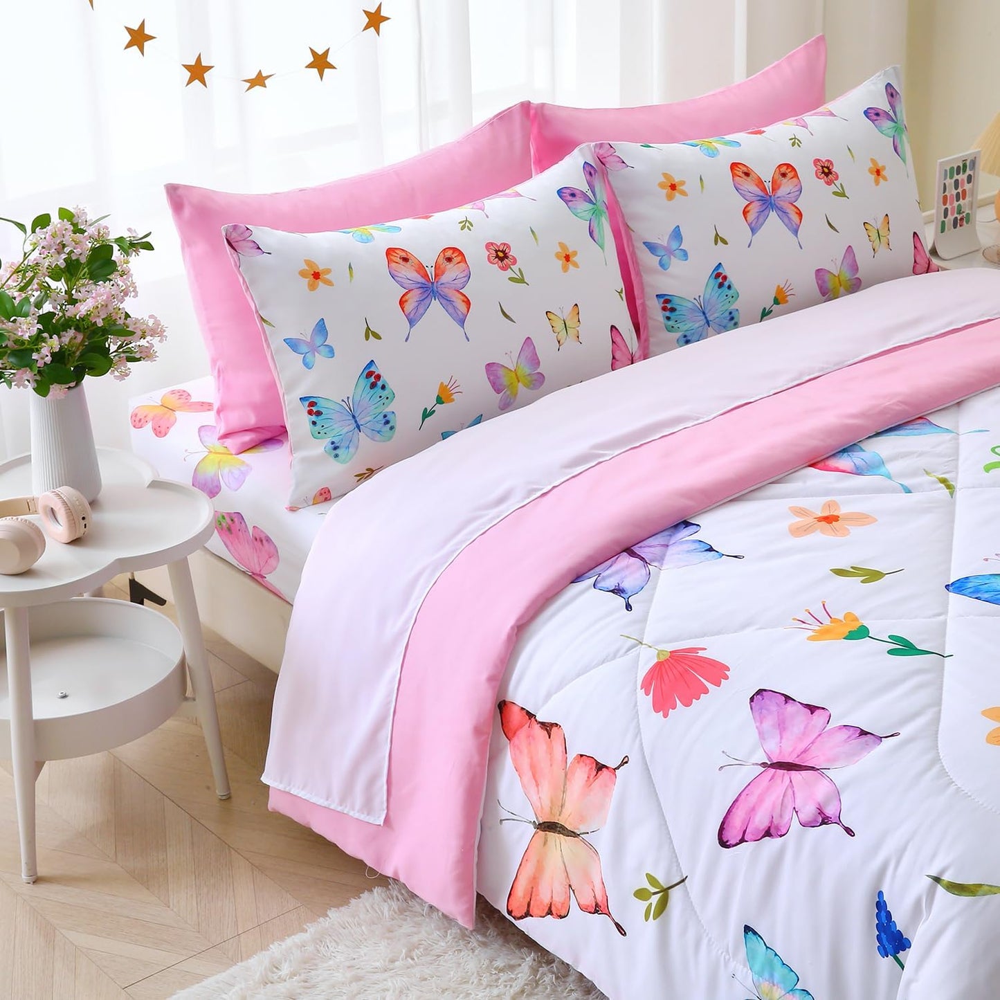 Wajade 7 Piece Butterfly Comforter Set for Girls Kids Cute Colorful Butterfly Flowers Floral Bedding Set Queen Size with Sheet and 2 Pillowcases 2 Pillow Shams Bed in a Bag as Birthday Choice