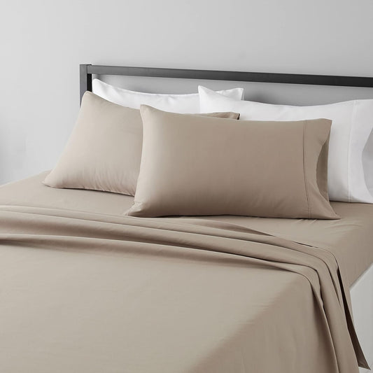 Amazon Basics Lightweight Super Soft Luxury Easy Care Wrinkle Free Microfiber 4 Piece Bed Sheet Set with 14-Inch Deep Pockets, Full, Taupe, Solid