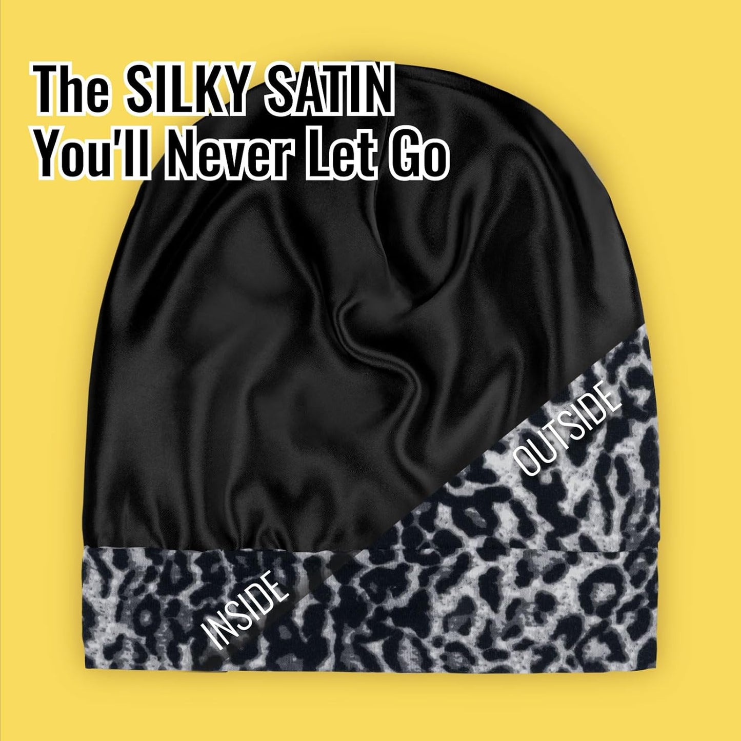 Satin Lined Sleep Cap Bonnet for Curly Hair and Braids, Stay On All Night Hair Wrap with Adjustable Strap for Women and Men, Black Leopard, Pack of 1