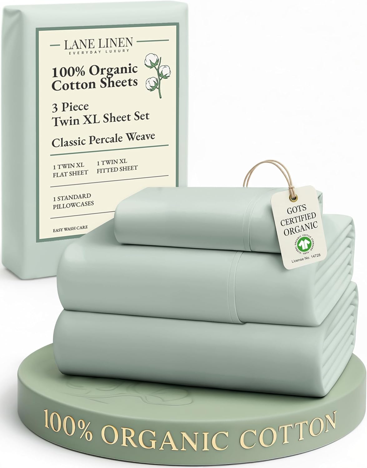 LANE LINEN 100% Organic Cotton Extra Long Twin Sheet & Pillowcase Sets, 15" Deep Pocket Fully Elasticized, Naturally Temperature Regulating Cotton Sheets Twin XL Bed Sheets- Cool Blue