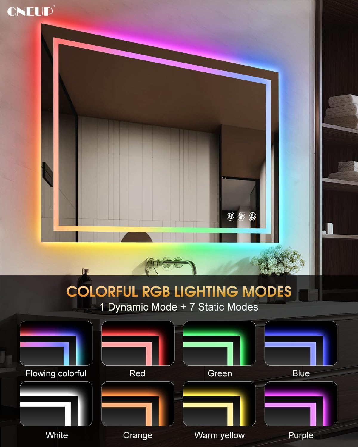 oneup 40x36 Inch Bathroom Mirror with Lights,RGB Color Changing LED Bathroom Mirror,Anti-Fog Wall-Mounted Vanity Mirrors,Smart Dimmable Multicolor Lighted,IP54 Waterproof (Horizontal/Vertical)