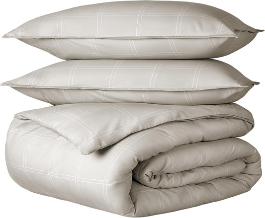 Bare Home Bedding Duvet Cover Full Size - Premium 1800 Super Soft Collection - Lightweight, Duvet Cover - Soft Textured Bedding (Full, Modern Plaid - Stone/White)